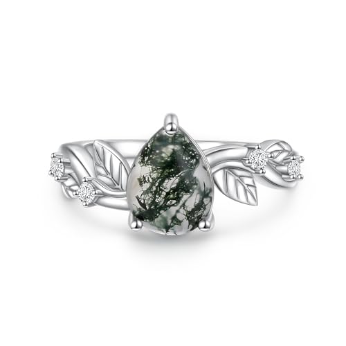 DAOCHONG Natural Moss Agate Ring for Women 925 Sterling Silver Leaf Moss Agate Engagement Wedding Promise Ring Jewelry Gift for Women
