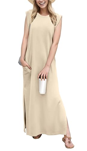 Image of GRECERELLE 2026 Women Year-Round Casual Round Neck Loose Split Wrinkle-Free Long Maxi Vacation Dress with Pockets (XXS-4XL)