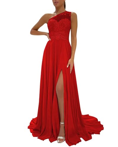 Image of LANGKAAO One Shoulder Lace Bridesmaid Dresses Long for Wedding A-Line Chiffon Slit Formal Party Gown with Pockets