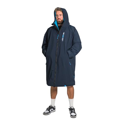 Image of Two Bare Feet Waterproof Changing Robe with Changing Mat for Kids & Adults, Hooded Sherpa Fleece Lined, Windproof Outdoor Coat for Swimming, Surfing, Beach (Medium, Navy/Blue)