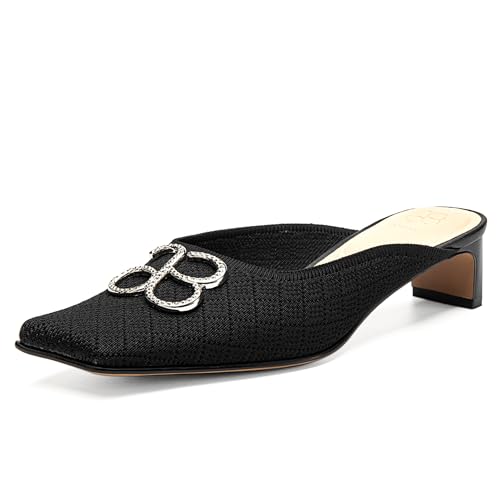 Image of NEWBELLA Women's Square Toe Heeled Mules - Low Heel Slip-On Lightweight Commuter Shoes, Comfortable Fabric Loafers for Office & Casual Wear, Black 6.5