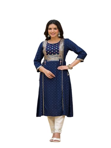 Image of Juniper Blue Solid Rayon Kurta with Sequins & Doris for Women and Girls