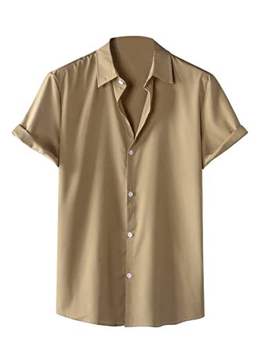 Floerns Men's Striped Shirts Casual Short Sleeve Button Down Shirts Khaki Solid XXXL Cover