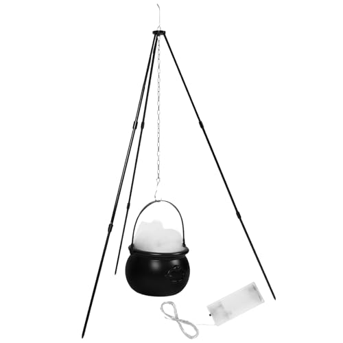 Chaudron de sorcière Halloween Mikinona avec trépied et guirlande LED pour déco extérieure