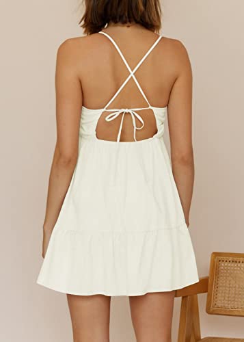 Womens V Neck Crisscross Backless Dresses Tie Back Sleeveless Ruffle Hem Flowy Swing A-Line Vintage Summer Mini Dress3