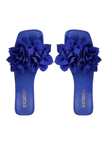 Women's 3D Floral Flat Sandals Dressy Square Open Toe Sandals Single Band Casual Slip on Slides