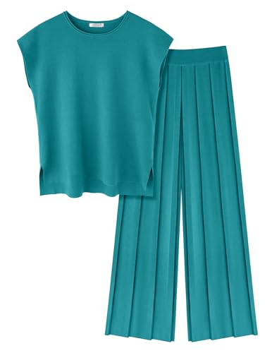 Image of Ekouaer Lounge Sets for Women Two Piece Outfits Knit Cap Sleeve Tops Wide Leg Pleated Pants Casual Dressy Sweater Sets