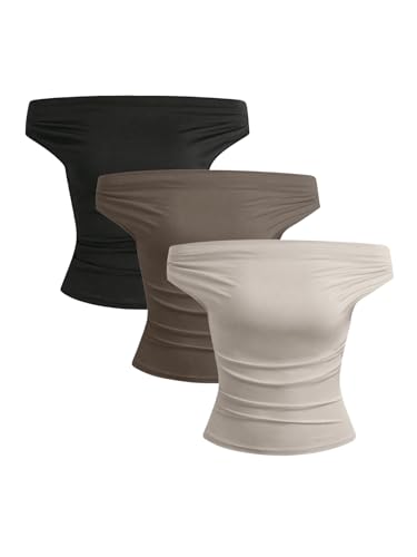 SOLY HUX Women's 3 Piece T Shirt Off The Shoulder Ruched Tee Short Sleeve Fitted Summer Tops