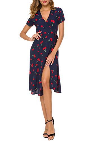 Vestido Gasa Mujer Elegante Moda Midi Vestido Cereza Impreso Vestidos Manga Corta V-Cuello Vestids Envolvente Abierto Vestido Classic Casual (Azul,XL) Cover