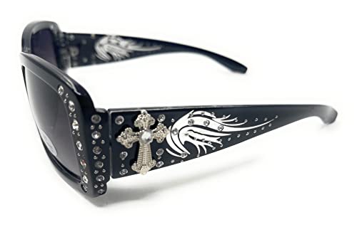 BB Western Ladies Rhinestone Bling Shade Sunglasses (Black silver cross)
