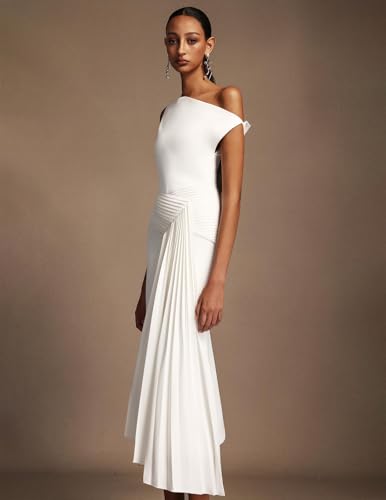 White Chic Oblique Shoulder Sleeveless Pleated Cocktail Dress for Women Maxi Elegant Design Irregular Hem Party Dress4