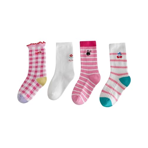 4 Pairs Toddler Girl Mid Calf Socks Cartoon Striped Stretch Breathable Ruffle Socks Summer