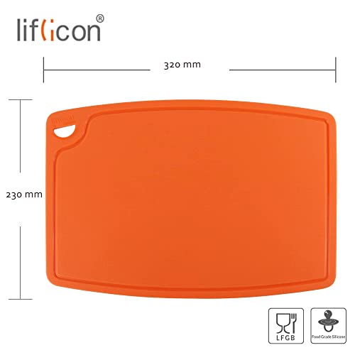 Liflicon Thick Silicone Cutting Board 12.6'' x 9.1'' Juice Grooves Easy Grip Handle Dishwasher Safe-Orange
