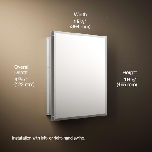 Kohler CB-CLR1620FS Frameless Bathroom Mirror Medicine Cabinet, Single Door, Rectangular Beveled Edge Frame, Bathroom Cabinet Mirror, Adjustable Shelves, 16 in. W x 20 in. H
