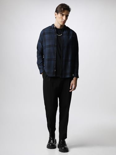Image of Men Navy Blue Checked Slim Fit Cotton Casual Shirt