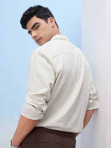 Image of The Souled Store Solid Linen: Beige Color Men and Boys Regular Outdoor Fit Full Sleeve Collared Neck Spread Collar Casual Wear Stylish Comfortable Premium Elegant Cotton Shirts
