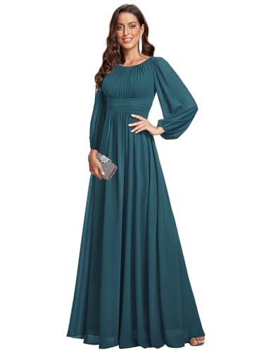 Image of Ever-Pretty Women's Crewneck Long Lantern Sleeves Floor Length A-Line Pleated Chiffon Formal Dress 0106B