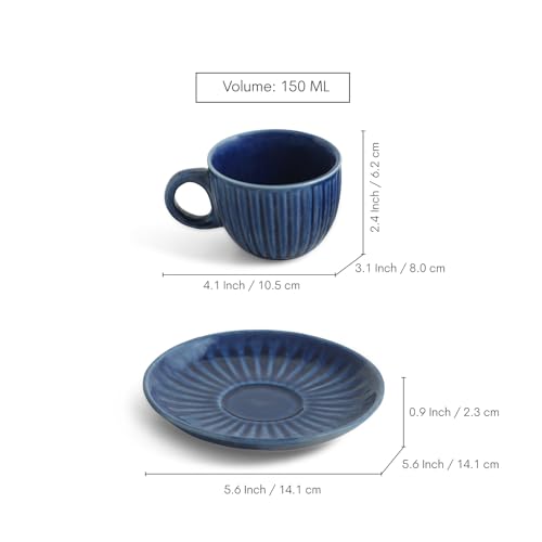 Image of ExclusiveLane 'Midnight Ripped' Hand Glazed Ceramic Tea Cups with Saucer Ceramic Coffee Cups Chai Tea Cup (Set of 6, 150 ML, Microwave Safe, Dishwasher Safe)