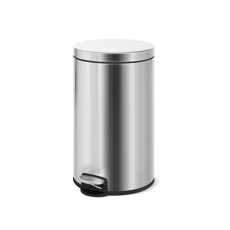 FCG HomeBin, Classic Round Pedal Trash Can, Hands-Free Ideal For Kitchen, Bathroom, Bedroom, Office, Stainless Steel 20L Grey