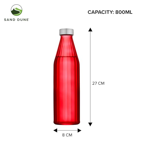 Image of SAND DUNE RedColour Glass water bottle, 800 ml Each, Set of 1, with Leak-Proof Airtight Stainless-Steel Lid for Water, Smoothie, Juices - Reusable Travel Glass Drinking Fridge Bottles