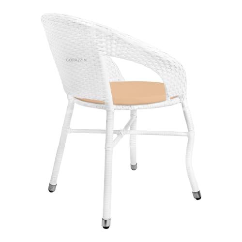 Image of Rattan Wicker Garden Patio Seating Chair and Table Set for Outdoor Balcony Garden Coffee Table Set Furniture with 1 Table and 2 Chair with Cream Cushion (White)