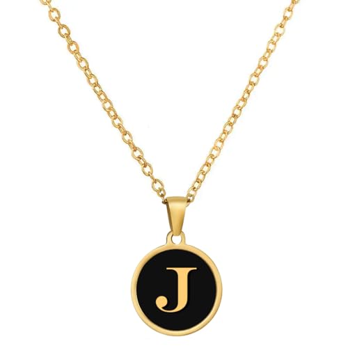 Image of Giftana Alphabet Locket with Chain, Black Enamel Letter A-Z Pendant Necklace for Woman and Girls, Personalized Initial Name Gold Plated Pendant Necklace Gift for Girlfriend, Sister