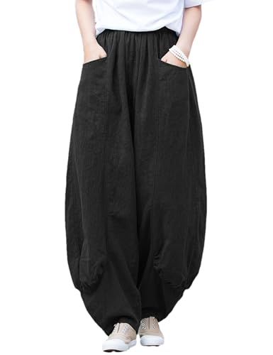 Women's Cotton Linen Pants Casual Elastic Waist Relax Fit Lantern Trouser Baggy Pants with Pockets