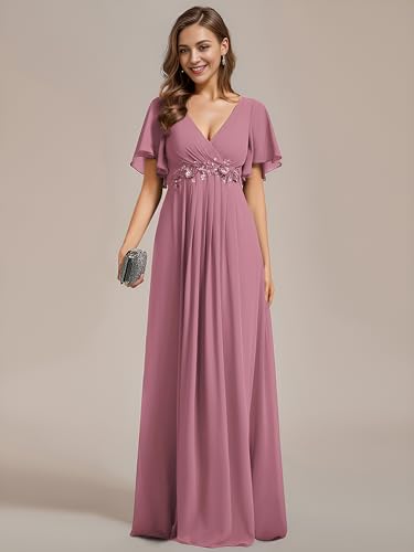 Image of Ever-Pretty Women's Spring Short Sleeve Bridesmaid Dresses V-Neck Chiffon Ruched Empire Waist Appliques Long Formal Dress