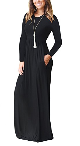 GRECERELLE Women's Round Neck Long Sleeves A-line Casual Maxi Dresses with Pockets Black-Large