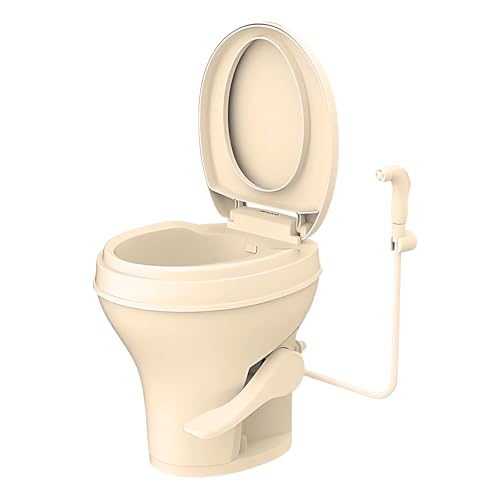Image of SEAFLO Residential Height Bone Camper /RV Toilet with Sprayer Attachment, 18.5 inch Standard Height, Gravity Flush System, Pedal Operation, Soft Close Seat, 4-Year Warranty (Bone W /Sprayer Attachment)