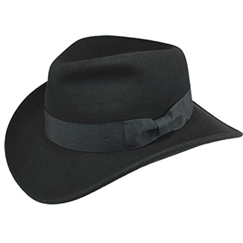 Epoch hats Indiana Jones Style Men's Wool Felt Outback Fedora with Grosgrain or Faux Leather Band (S/M, HE01BLACK)