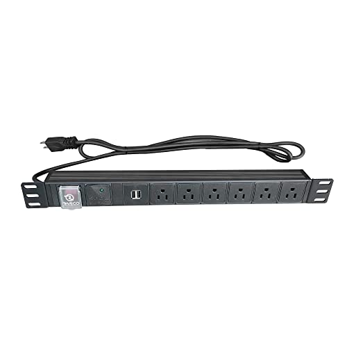 RIVECO PDU 6 tomas con 2 puertos USB, Multitoma de rack flexible para gabinete de servidor 19", con protector contra sobretensiones para dispositivos de red y audio, 1U Negro miniatura 1
