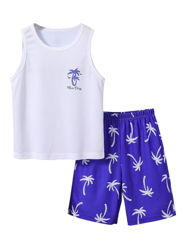 Image of Floerns Boys Boho Sleeveless Tank Top Tropical Print Shorts Set 2 Piece Outfit