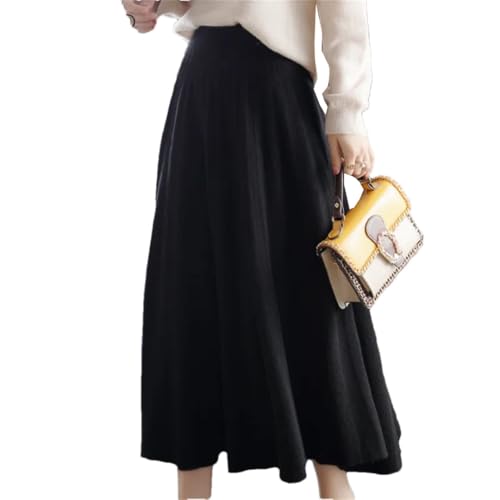 Women Fall Pleated Thicken Elegant Winter Long Cashmere Knit Skirt Elastic Waist 100% Wool Skirt Black M
