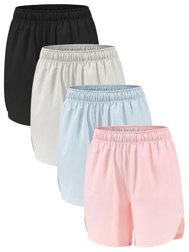 Celfaeree 4er Pack Mädchen Shorts Sommer Kurze Hose Schnelltrocknendes Kurze Sporthose Gym Running Athletische Shorts Radlerhose Kinder mit Taschen 5-14 Jahre Sc/Grau/Blau/Rosa S