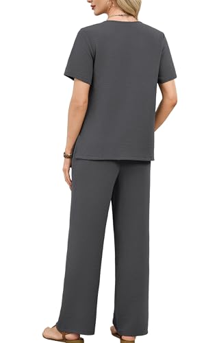 OFEEFAN Women\'s 2 Piece Outfits Summer Linen Wide Leg Pants Matching Lounge Set for Travel Vacation Airport Going Out Resort Wear Casual Fashion Clothing Dressy Suits Short Sleeve Loungewear Grey L