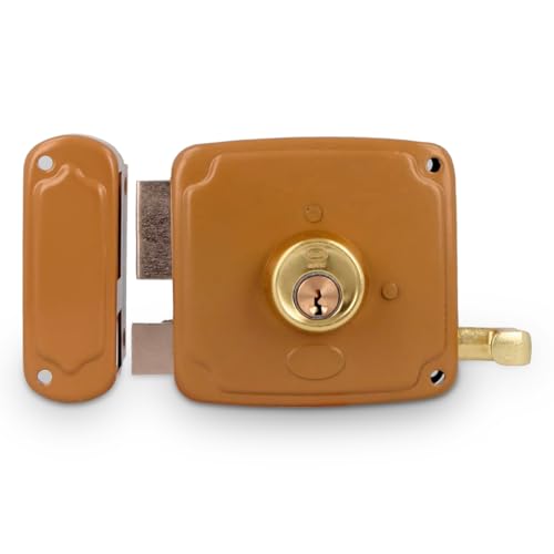 Amig - Cerradura de Sobreponer de Izquierda con Palanca de Cierre, Lengüeta y Tirador - Acero Dorado - Medida: 100 x 95 mm - Ideal para Puertas de Madera de Entrada o de Paso