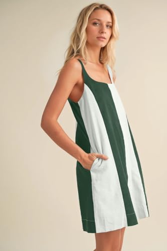 Image of Livtany Women's Color Block Adjustable Straps Mini Dress Sleeveless Square Neck Tank Dress Loose Fit Sundress with Pockets Green