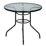 MKDLUFEI 32 Inch Round Outdoor Dining Table, Patio Table with Umbrella Hole, Tempered Glass Top, Black Steel Frame