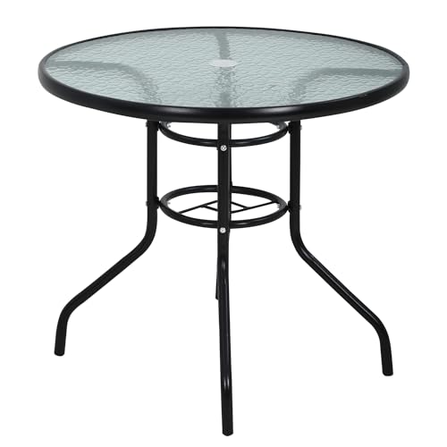 MKDLUFEI 32 Inch Round Outdoor Dining Table, Patio Table with Umbrella Hole, Tempered Glass Top, Black Steel Frame