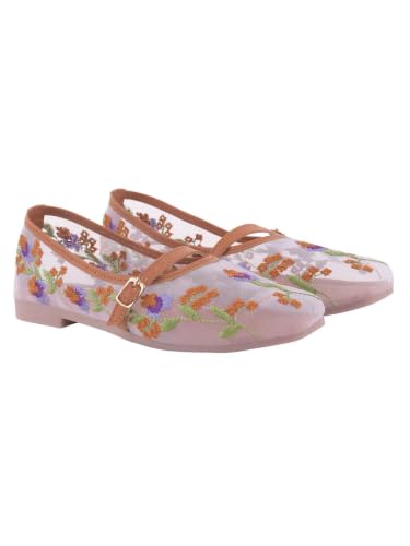 Image of Shoetopia Women'sFloral Embroidered Mary Jane Flats - Elegant Mesh Ballerinas with Adjustable Buckle Strap