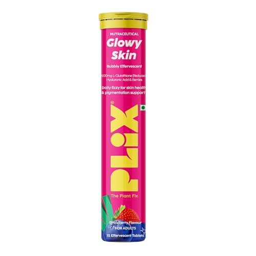 Image of The Plant Fix Plix Glutathione Effervescent Tablets for Clear, Glowing & Youthful Skin | 600mg Glutathione, Vit E & Hyaluronic Acid | No Maltodextrin, No Sugar | Strawberry