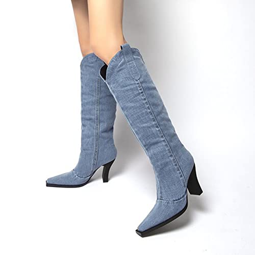 MOYOWEI Women's Knee High Denim Cowboy Boots,2022 Fall Fashion Pointed Toe High Chunky Heel Western Boots w/Pull On Tabs 6