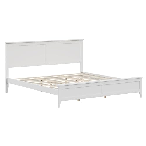Image of Harper & Bright Designs Modern Farmhouse Platform King Bed Frame, Solid Wood Platform Bed Frame with Headboard, Sturdy Wooden Foundation with Wood Slats for Living Room, Rustic Pine - White
