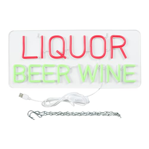 Image of Liquor Beer Wine Neon Signs for Wall Decor Neon Lights for Bedroom Led Business Signs Suitable for Liquor Store Christmas Birthday Party Gift 5V Power Adapter, 16.1 * 7 Inch(Red+Green)