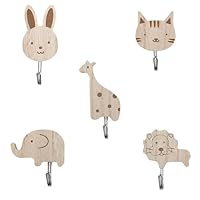 Bojueshaw 5pcs Wooden Animal Wall Hooks Set,Adhesive Mount Kids Coat Hooks (Lion,Cat,Rabbit,Giraffe, Elephant) for Nursery,Bedroom & Bathroom Organization
