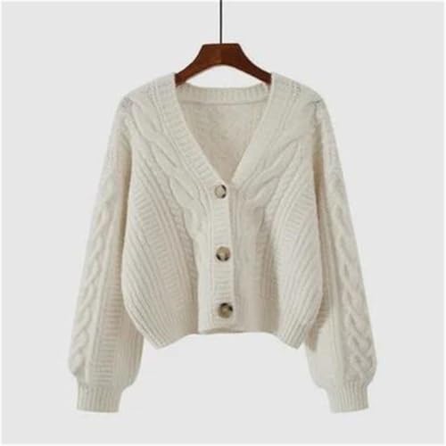 Womens Cable Knit Cardigan V-Neck Button-Up Crop Sweater Jacket Long Sleeve Vintage Outfit Slim Fit Top2