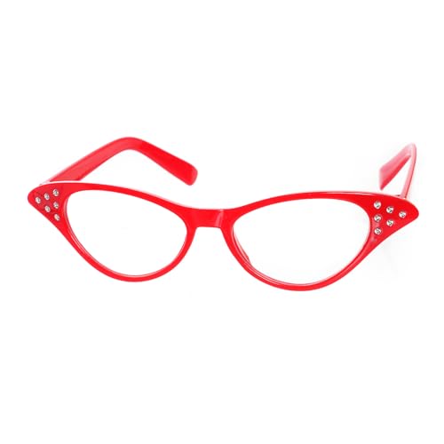 Hmxpls 50s Womens Cat Eye Rhinestone Glasses Halloween Costume Accessories (Red)