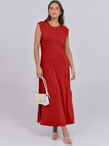 ANRABESS Summer Dress for Women 2025 Maxi Sundresses Casual Cap Sleeve Crew Neck Loose Split Beach Travel Vacation Outfits Red Medium - Image 7