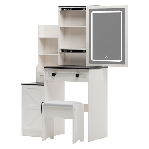 Mehisir Coiffeuse avec miroir et lumières LED réglables avec 2 tiroirs et étagères ouvertes pour la Saint-Valentin, la fête des mères Mehisir Coiffeuse avec miroir et lumières LED réglables avec 2 tiroirs et étagères ouvertes pour la Saint-Valentin, la fête des mères